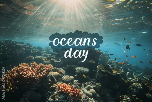 Underwater view of a coral reef with sun rays and fish in the ocean water, beautiful deep sea landscape,  world ocean day background