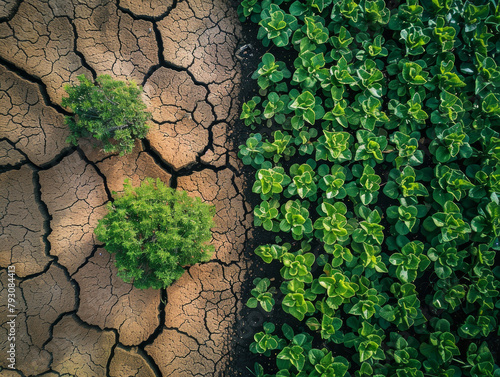 piante verdi viste dall'alto ,che crescono nella terra arida e secca, cambiamenti climatici, salvaguardia della terra, mancanza di acqua photo