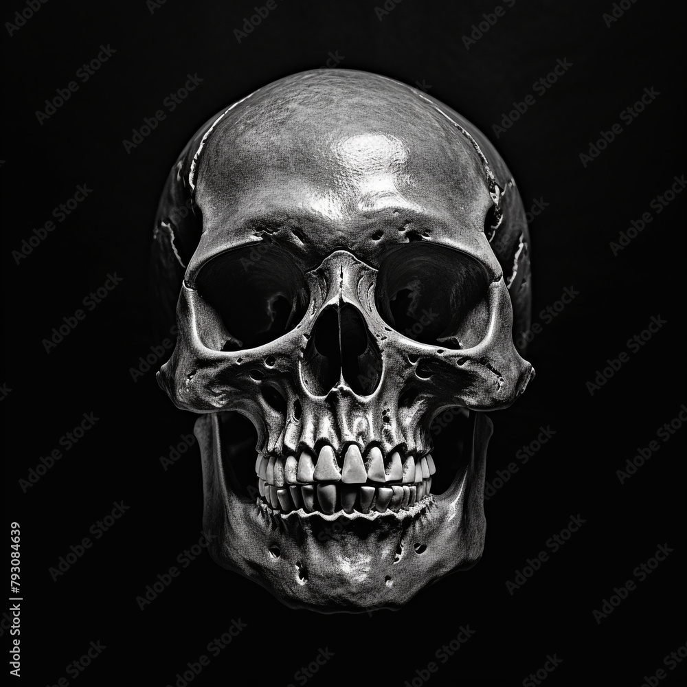 Obraz premium light skull 4k high contrast hard lighting black and white photography with dark background сreated with Generative Ai