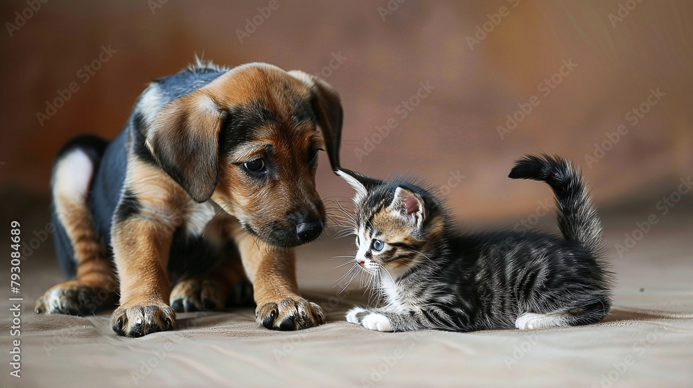 Dog playing with cute little kitten