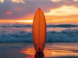 A surfboard on a beautiful beach as the sun sets