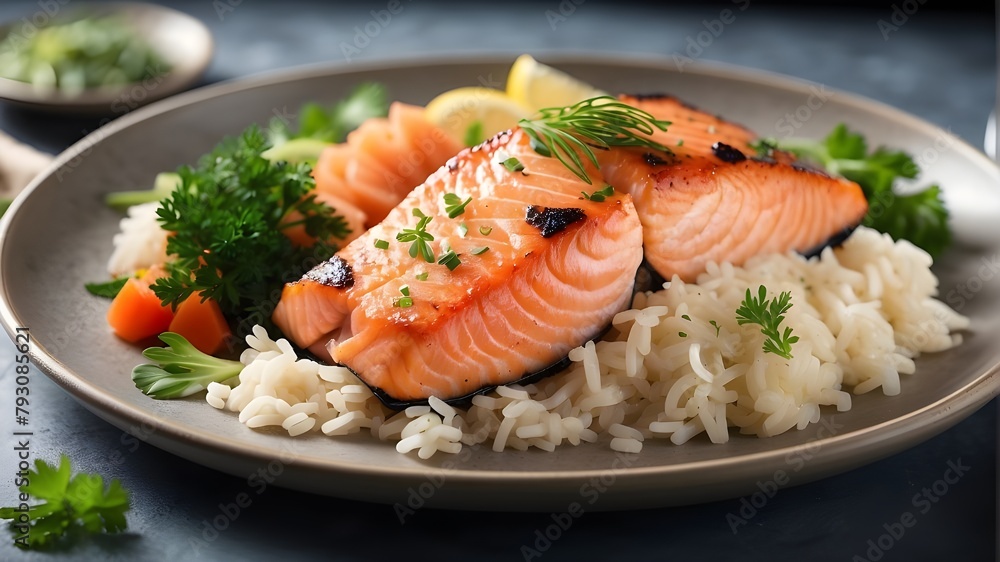 A photorealistic image of a plate featuring a delicious salmon and rice dish. The salmon is perfectly cooked and garnished with fresh herbs. The rice is fluffy and well-presented, complementing the sa