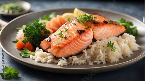 A photorealistic image of a plate featuring a delicious salmon and rice dish. The salmon is perfectly cooked and garnished with fresh herbs. The rice is fluffy and well-presented, complementing the sa photo
