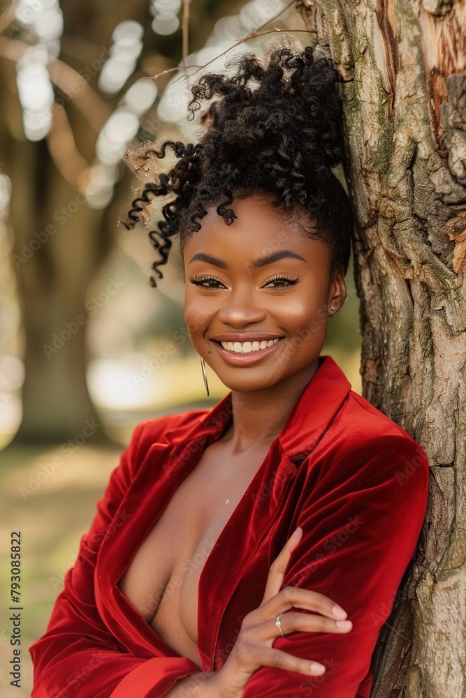 Smiling black woman with messy bun leaning against tree, looking at camera. Smiling black woman with messy bun leaning against tree, looking at camera.