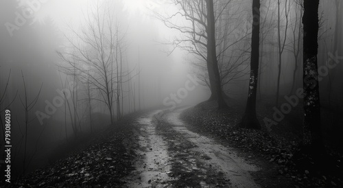 A foggy forest road with trees in the background. The road is wet and muddy, and the trees are bare. Scene is eerie and mysterious, as the fog and the bare trees create a sense of isolation and unease
