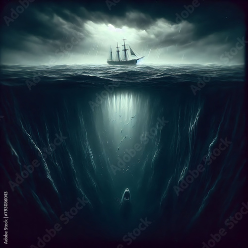A lone ship sailing in the open ocean during stormy night, the giant unknown monster is awaiting underneath the bottom of the ocean. photo