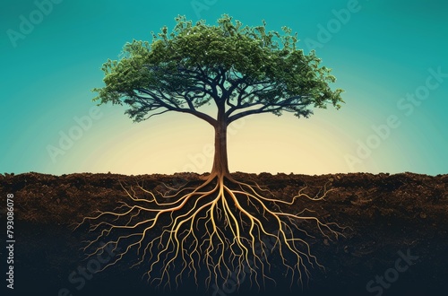 A tree with its roots visible in the dirt. Concept of growth and life