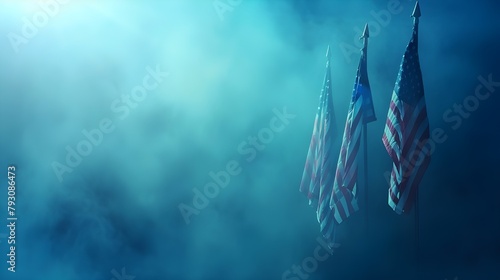 Happy Veterans Day background, American flags against a blue fog background, November 11, American flag Memorial Day, 4th of July, Labour Day, Independence Day. Ai generated 