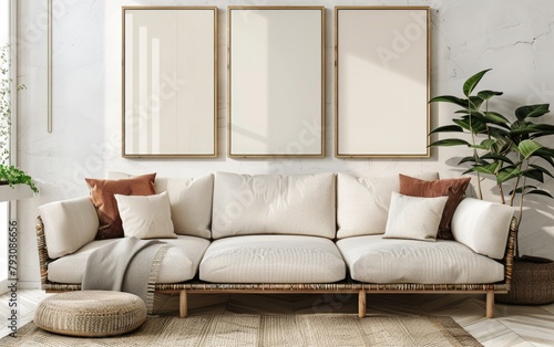 White empty mockup on the living room wall. Modern interior design. Stylish home decor.