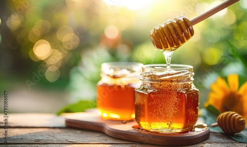 aromatic honey in a jar close-up against a background of greenery