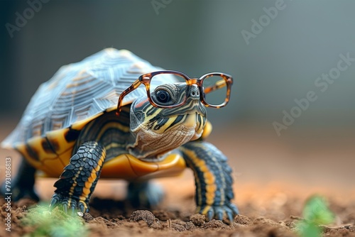 A turtle wearing glasses is standing on the ground. The turtle's glasses are brown and black, and it looks like it's trying to read something. The image has a playful and whimsical mood