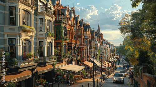 A row of terraced townhouses overlooking a bustling city street, with cafes spilling onto the sidewalks. photo