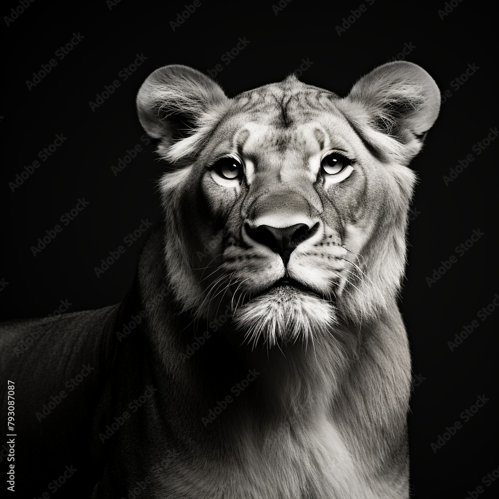 light lioness portrait 4k high contrast hard lighting with many details black and white photography with dark background сreated with Generative Ai