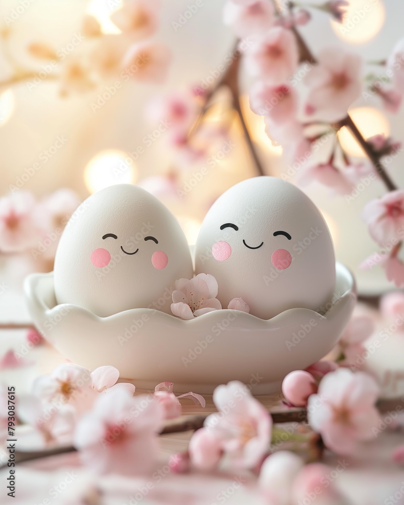 Two Easter eggs, painted, cute face with a smile, kids craft. Two Easter eggs, painted, cute face with a smile, kids craft.