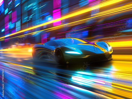 A dynamic scene of a futuristic car as it speeds along a city street, the headlights casting long shadows under the neon lights