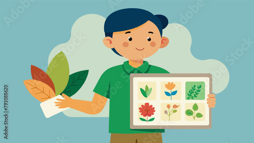 A child proudly presenting their homemade herbarium filled with specimens they collected on a nature walk with their family.