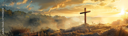 A cross standing on a serene landscape, bathed in the golden light of a dramatic sunrise, symbolizing peace and inspiration #793090201