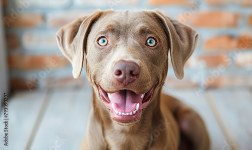Joyful Weimaraner Pup's Playful Antics Captured in Vibrant Delight, Epitomizing Canine Exuberance photo