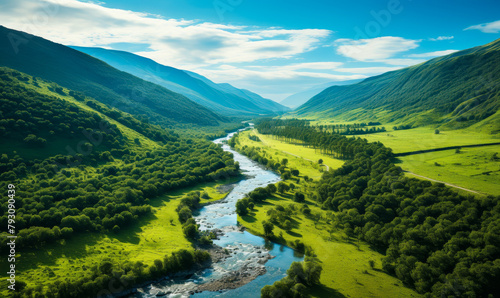 Majestic Landscape  Aerial View of Verdant Valley with Winding River and Towering Mountains
