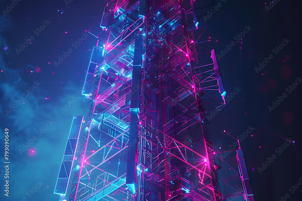 A futuristic wireframe-based visualization with a 5G tower against a glowing translucent background, showcasing advanced telecommunications technology in a digital environment. A futuristic wireframe-based visualization with a 5G tower against a glowing translucent background, showcasing advanced telecommunications technology in a digital environment.
