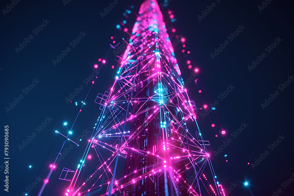 A futuristic wireframe-based visualization with a 5G tower against a glowing translucent background, showcasing advanced telecommunications technology in a digital environment. A futuristic wireframe-based visualization with a 5G tower against a glowing translucent background, showcasing advanced telecommunications technology in a digital environment.