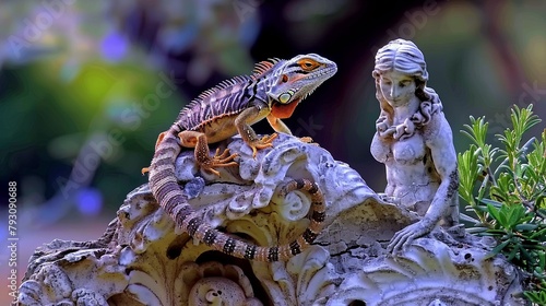 A lizard molting on a weathered stone statue, representing the passage of time and erosion , photo