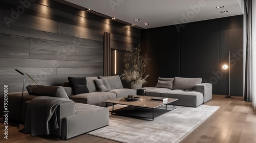 photograph of a modern living room with dark gray and light gray furniture with some wood panels on the wall