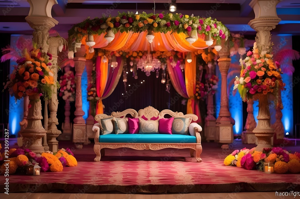 Traditional wedding stage decorations.vibrantly patterned textiles used for Diwali décor.