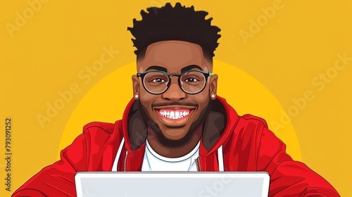   A black man, donning glasses and a red hoodie, grins as he gazes at a laptop screen photo