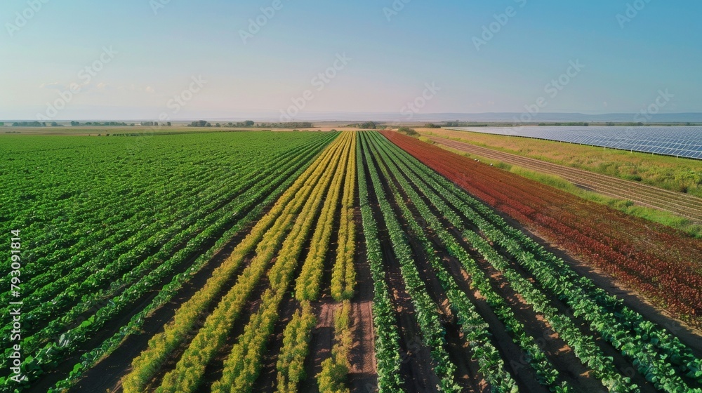 A wide shot of a field filled with rows of colorful crops including soybeans seed and sugarcane. In the distance solar panels can be seen providing energy for the irrigation system. . A wide shot of a field filled with rows of colorful crops including soybeans seed and sugarcane. In the distance solar panels can be seen providing energy for the irrigation system. .