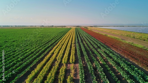 A wide shot of a field filled with rows of colorful crops including soybeans seed and sugarcane. In the distance solar panels can be seen providing energy for the irrigation system. .