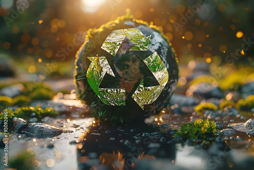 An Earth image with a recycling symbol superimposed  emphasizing environmental conservation and sustainability efforts on a global scale.