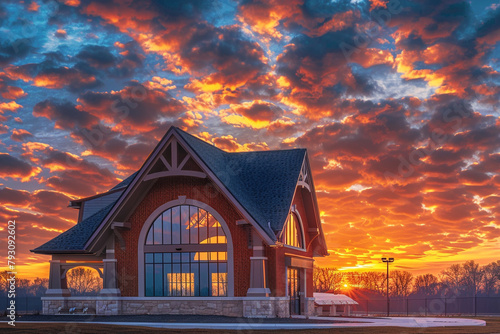 New community clubhouse designed with a gable roof and semi-circle window, under a breathtaking sunset sky, captured in full ultra HD. photo