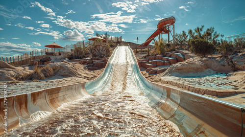 A water slide is shown with a lot of water coming down it. The slide is surrounded by a sandy area and there are some umbrellas in the background. Scene is fun and playful photo