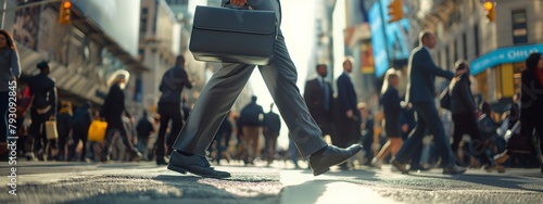 Close-up of legs Businessman or Successful man crossing the street on the crosswalk and holding a laptop bag in the city. Traveling, getting a promotion, finding a new job, increasing skill. photo
