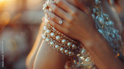 Fashion shoot focusing on a luxurious beaded bracelet, emphasizing style and high-end fashion
