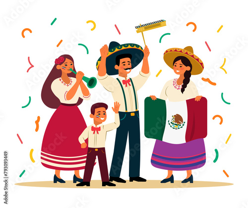 Fiesta México, familia mexicana celebrando con bandera, matraca y trompeta, transparencia photo