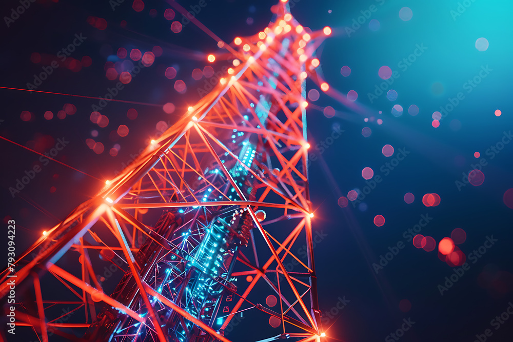 A futuristic wireframe-based visualization with a 5G tower against a glowing translucent background, showcasing advanced telecommunications technology in a digital environment.