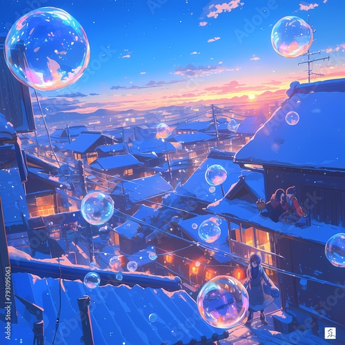 A breathtaking winter village scene with magical floating bubbles at dusk. A serene and enchanting atmosphere for your project's needs.