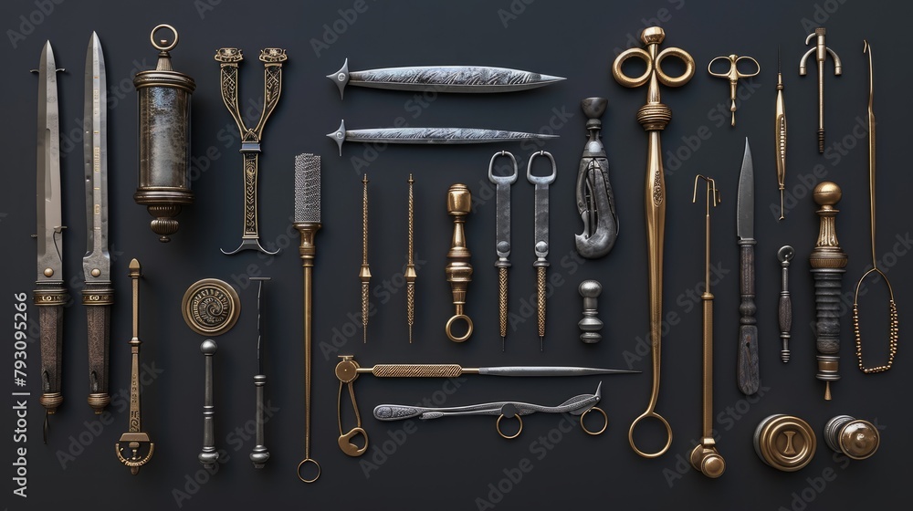 Fototapeta premium A collection of antique medical tools on a black background