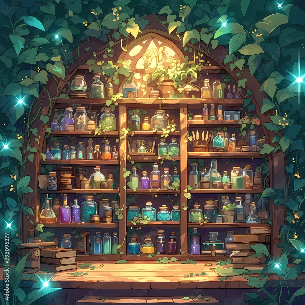 Delightful Apothecary Shop Nestled in an Enchanted Forest with a Bountiful Display of Elixirs and Potions