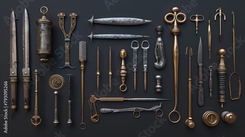 A collection of antique medical tools on a black background