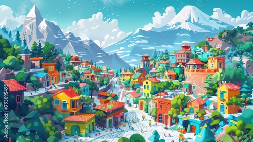 A colorful illustration of a small town in the mountains. The houses are built close together and there are trees and flowers everywhere. The sky is blue and the sun is shining. © Sodapeaw