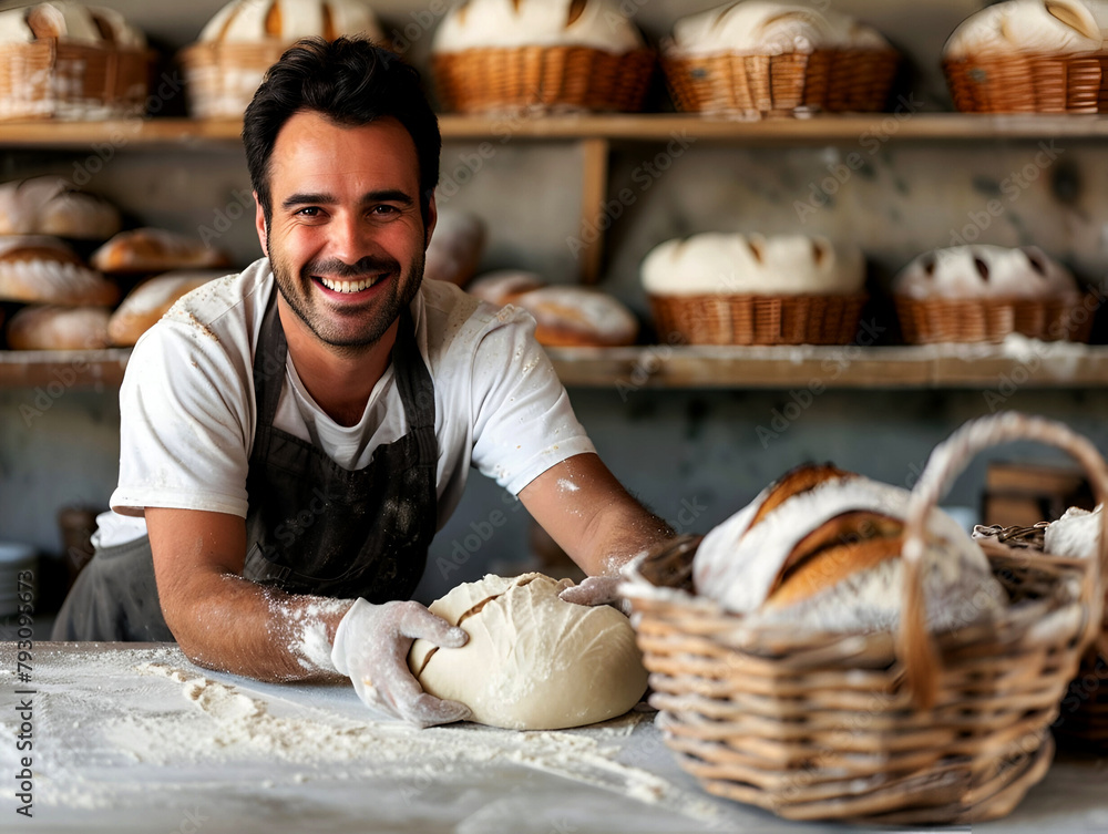 A smiling man baker skillfully sculpts the dough