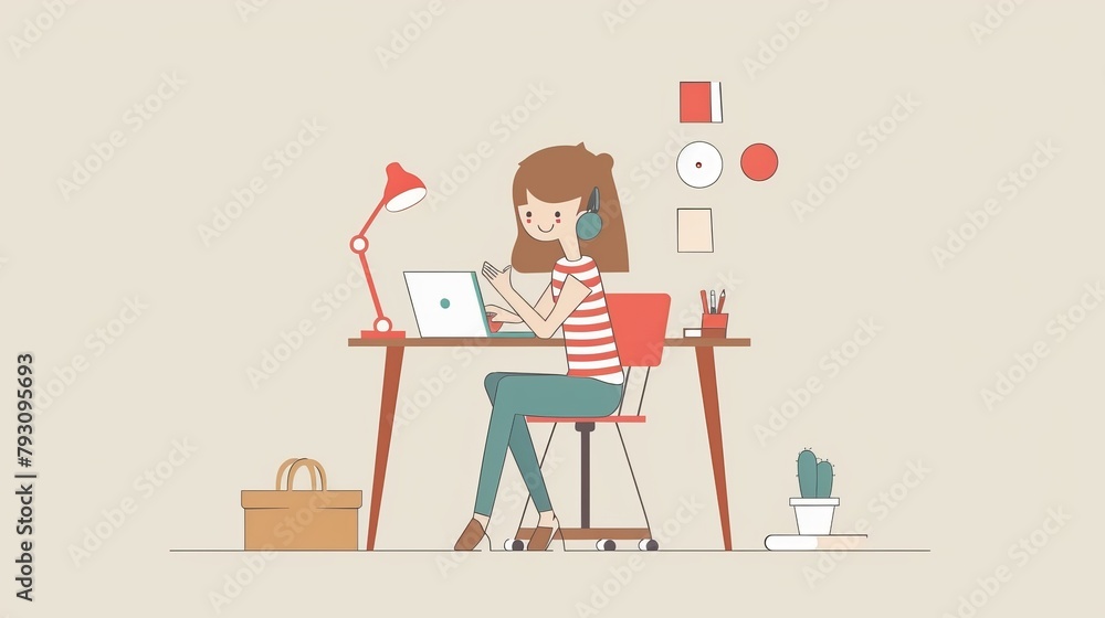 A woman sits at a desk, laptop in front, lamp above A woman sits at a desk, laptop in front, lamp above