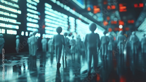 A group of faceless people walking through a city at night.