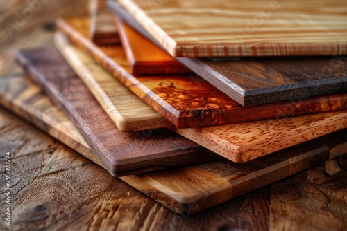 Several wooden cutting boards stacked neatly on a table
