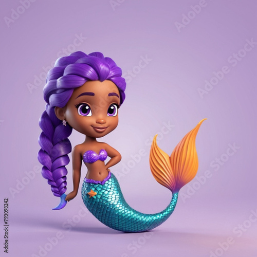 African american cute mermaid with purple fishtail 3d vector.eps