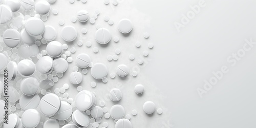 Assorted white pills and tablets on a light background with copy space