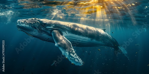 Majestic Humpback Whale Gliding Through the Serene Underwater Realm with Sunlight Beaming Down from the Surface